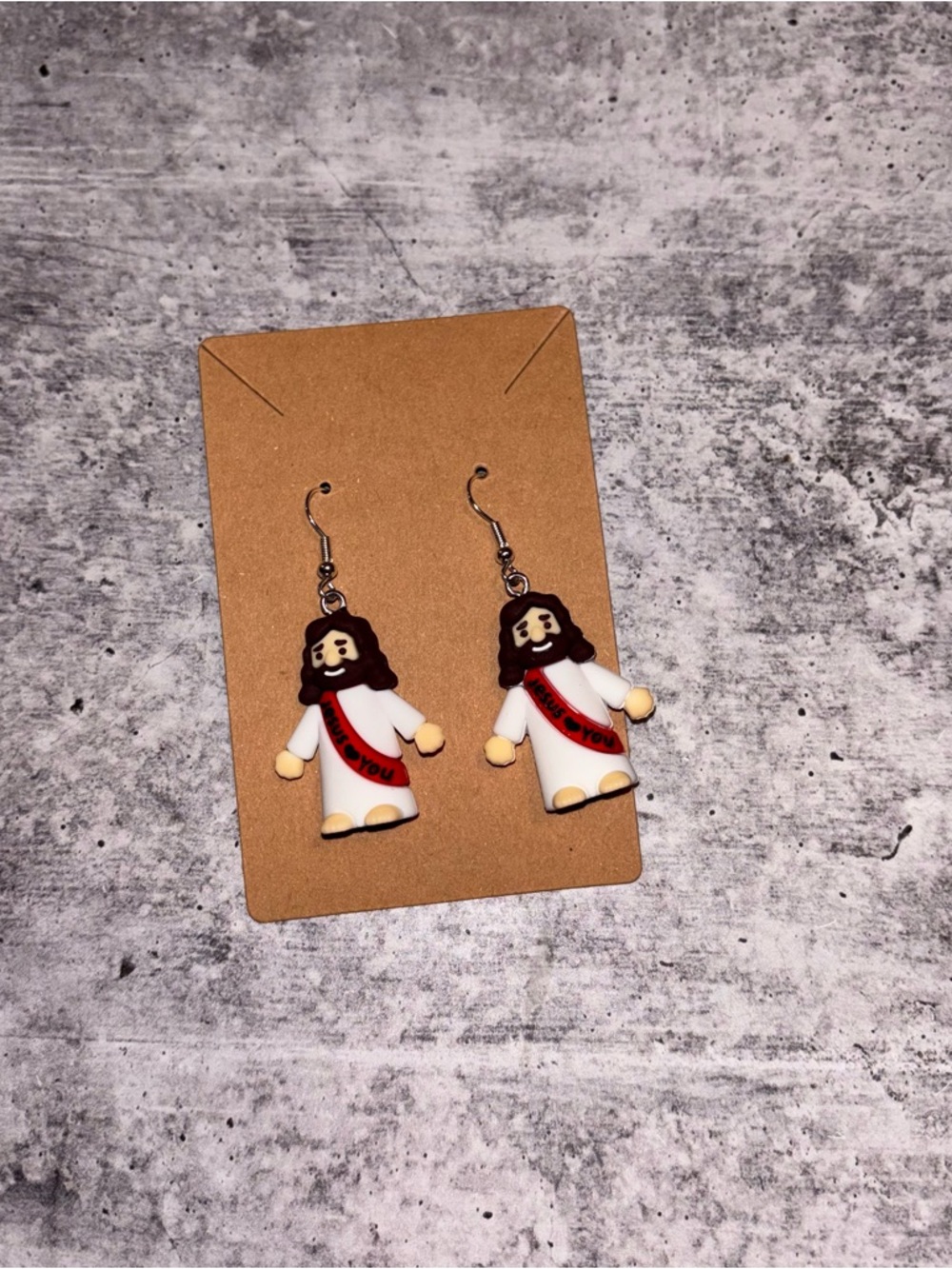 Handmade Jesus Loves You Earrings NEW Red Sash